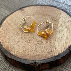 Hexagon Gold Honey Bee Earrings